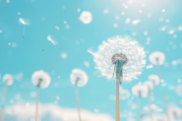 Obraz premium A delicate dandelion seed head in focus against a soft blue sky. Wispy seeds float in the air, creating a dreamy, ethereal scene of nature's beauty and fragility.