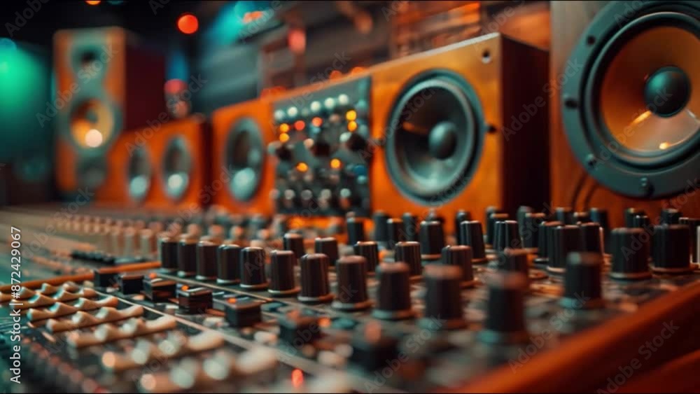 Aufkleber this audio mixing board with speakers in a recording studio. podcast and streaming concept