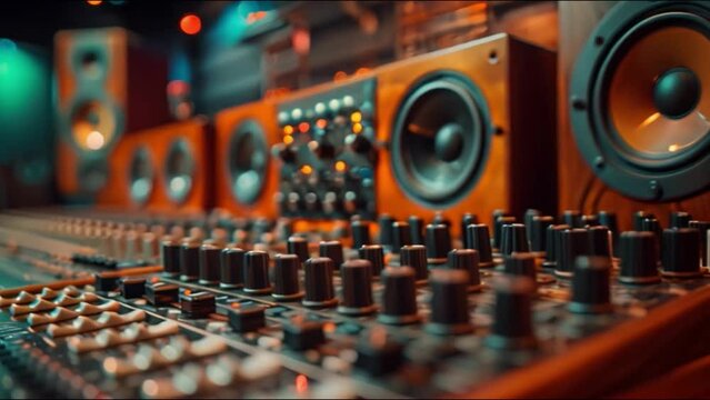 This Audio mixing board with speakers in a recording studio. Podcast and streaming concept