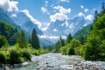 Alpine river in lush green valley with majestic mountains under clear blue sky