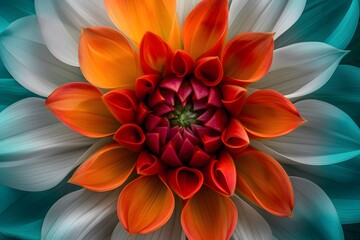 Obraz premium Vibrant close-up of a multi-colored dahlia flower in full bloom, showcasing intricate petal details.