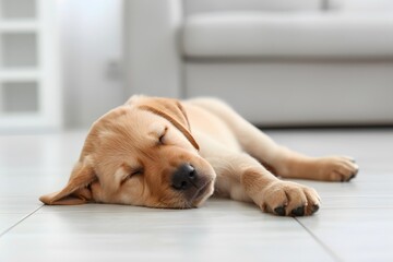 Adorable yellow labrador puppy sleeping peacefully on a clean white floor in a cozy living room.