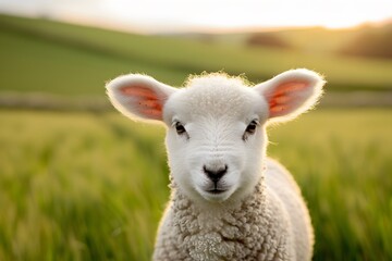 Obraz premium Adorable fluffy lamb in a sunlit pastoral landscape with vibrant green fields and gentle hills.