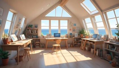A sunlit artist's studio with large skylights, the ocean visible through open windows.