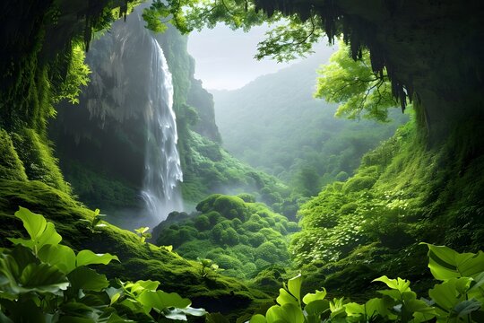 Enchanting lush green cavern with a cascading waterfall surrounded by vibrant vegetation.