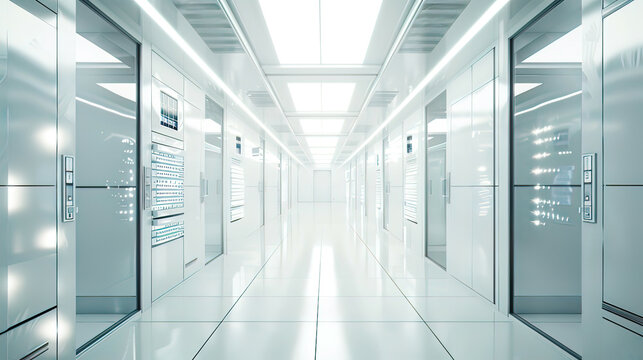 Hyper-realistic image of a futuristic healthcare data center advanced computational systems bright white lighting 