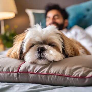Chien Lhassa Apso et son ma&icirc;tre font la sieste sur le lit