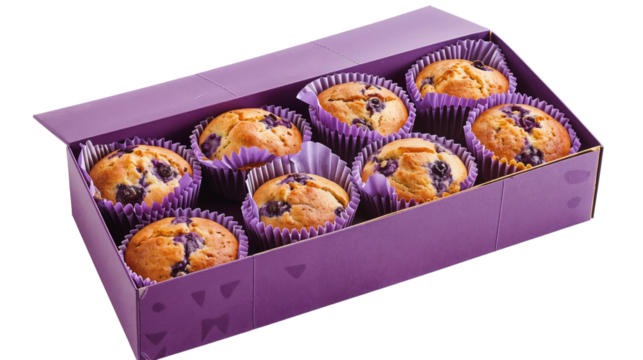 Muffins in purple box isolated on transparent background