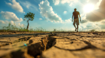 Fototapeta premium person walking in the desert - Climate Change: A Global Crisis