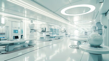 Naklejka premium Photorealistic image of a futuristic laboratory with advanced AI systems clean and organized bright white lighting 