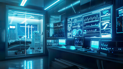 Obraz premium Photorealistic image of a high-tech health data analysis system sleek and intuitive design soft blue lighting 