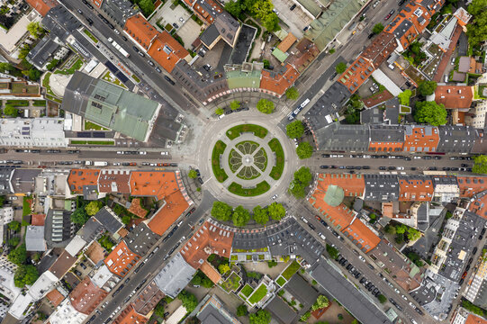 Fototapeta Aerial view, Gärtnerplatz, roundabout with streets, Munich, Upper Bavaria, Bavaria, Germany, Europe