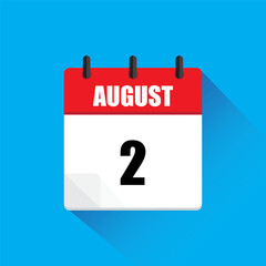 Calendar icon illustration. August two. Red and white design. Blue background shadow.