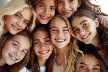Motley Group of Young Girls Snuggling and Smiling - Friendship, Joyful Moments, and Youthful Energy