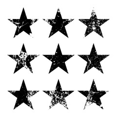 Vintage stars with cracks and stains. Old hand-drawn sign, black simple shape. Retro design element with distressed effect, grunge texture. Vector illustration