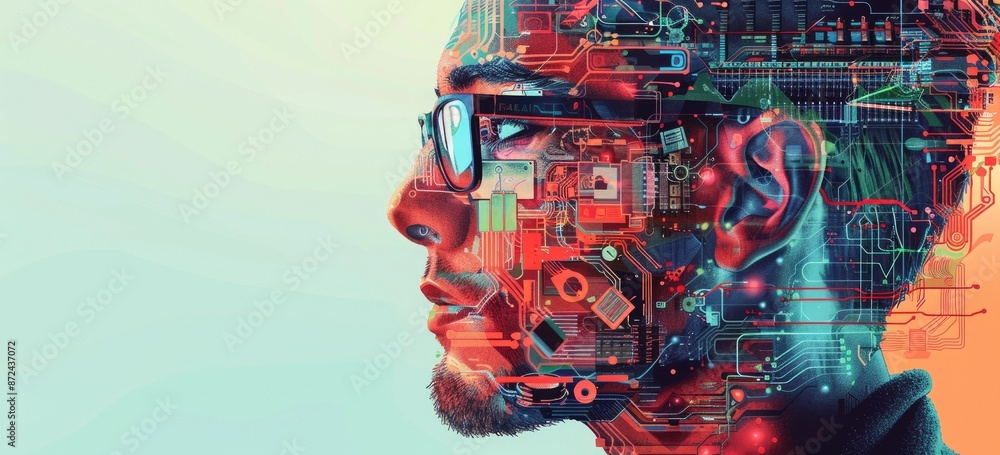 Poster the image shows a man with glasses. his face is made up of colorful circuitry. the man is looking to