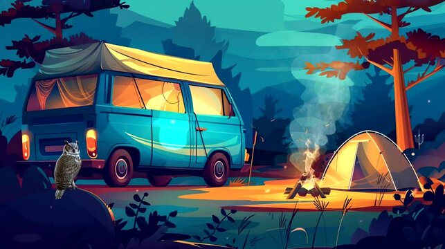 Caravan car in the forest. Seamless loop video background