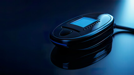 Ultra-detailed image of a smart glucose monitoring device modern design soft blue backlighting 