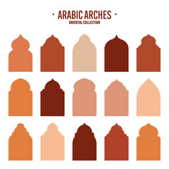 Islamic frames, oriental style objects. Arabic shapes, windows and arches. Traditional ornamental banner, frame. Muslim holidays, Ramadan Kareem. Modern eastern architecture. Vector illustration