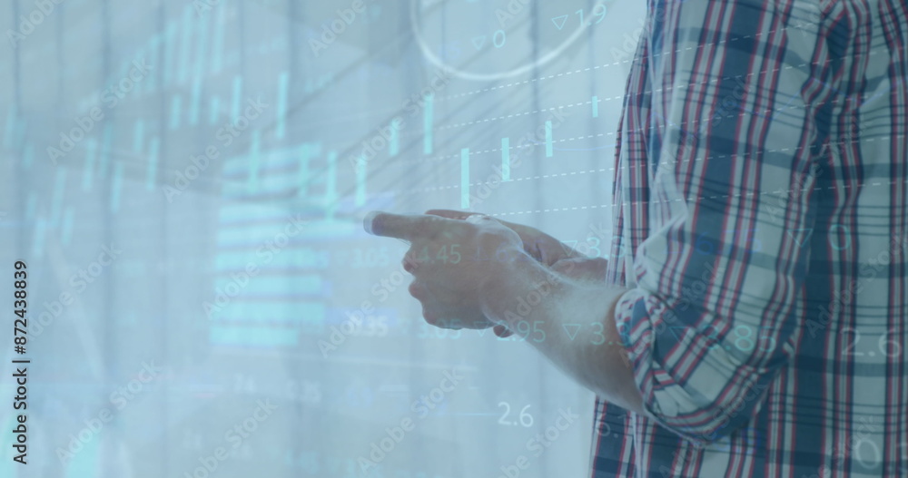 Poster image of multiple graphs, trading board, loading circles, caucasian man using cellphone