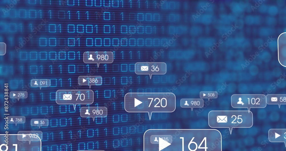Poster image of icons, changing numbers in notification bars over binary codes against blue background