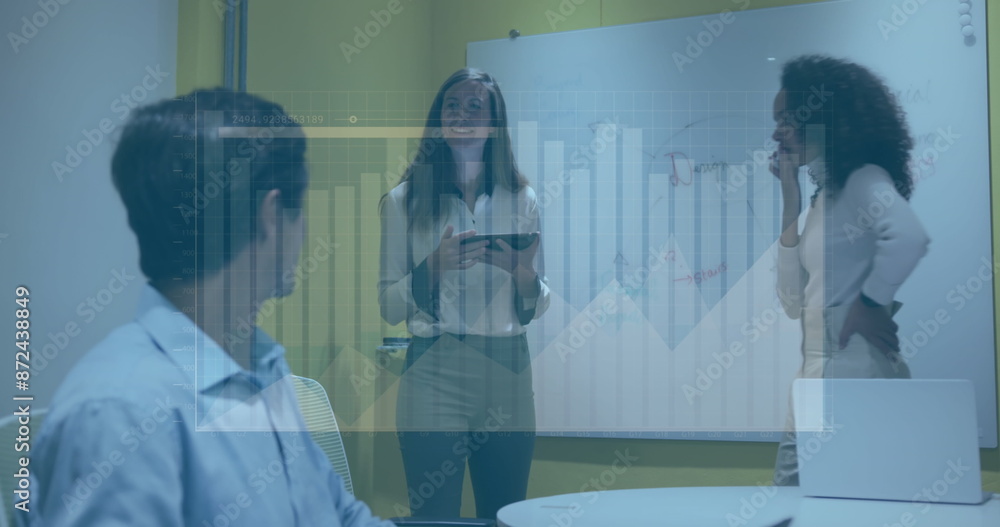 Poster image of multiple graphs, loading bar, diverse man working on laptop and talking with coworkers