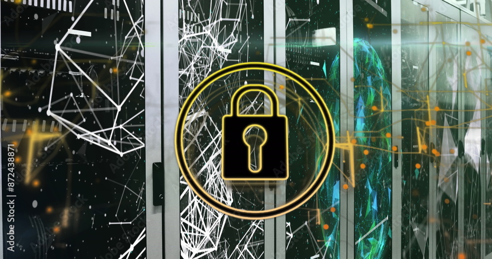 Poster image of security padlock icon and globe of plexus networks against computer server room