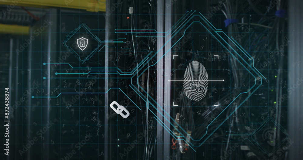Poster animaton of interface with biometric fingerprint scanner against computer server room