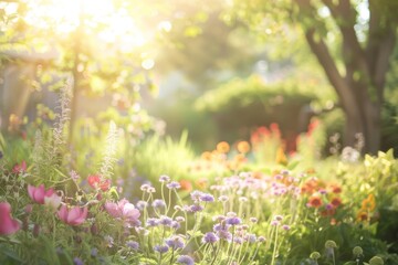 A lush green garden with a pink tree in the background