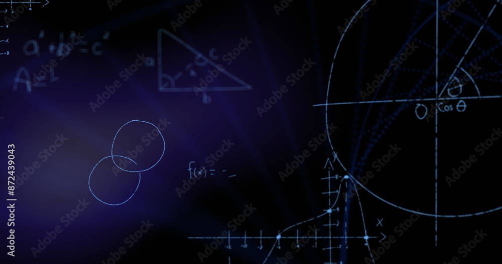 Poster digital image of mathematical equations and formulas against dna structure spinning on purple backgr