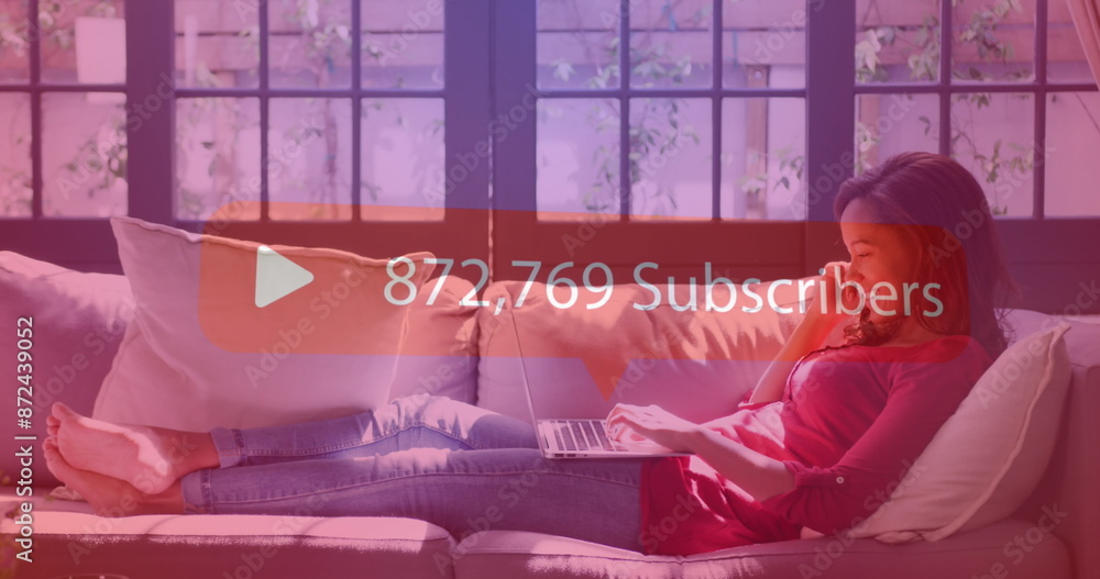 Poster image of speech bubble with subscriber text and numbers over woman using laptop at home