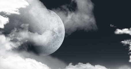 Naklejka premium Image of illuminated moon partially covered by moving clouds on grey sky background 4k