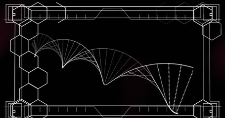 Digital image of hexagonal shapes forming against dna structure spinning on purple background
