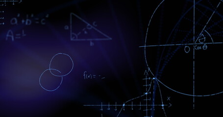 Digital image of mathematical equations and formulas against dna structure spinning on purple backgr