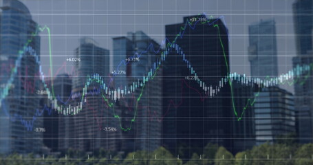 Image of financial data processing over cityscape