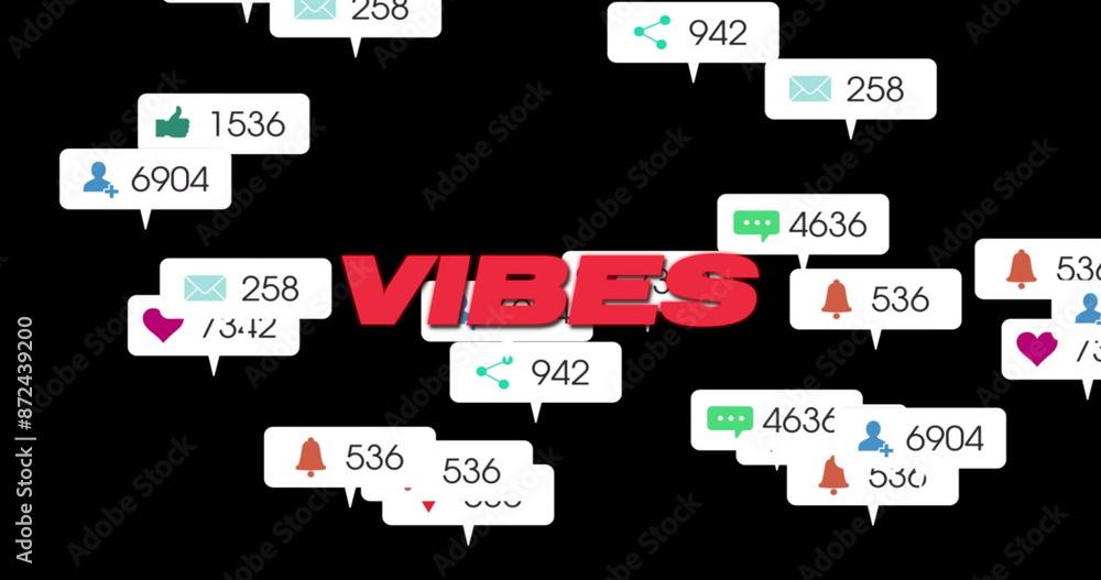 Aufkleber image of vibes text in red over social media notifications on black background