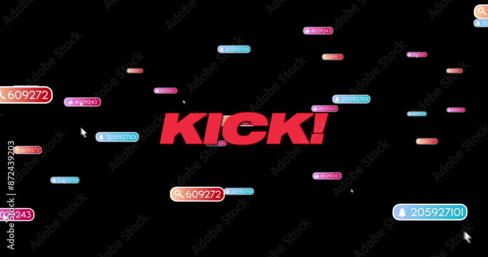 Poster image of kick text in red over social media notifications on black background
