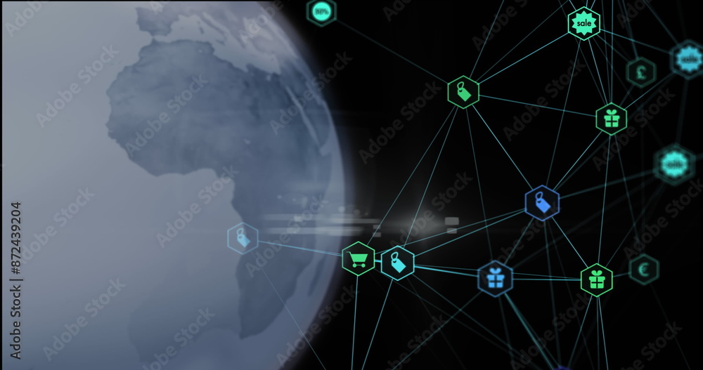 Poster image of connected icons and rotating globe over black background