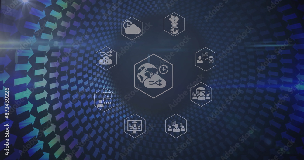 Poster image of media icons over multiple arrows on black background