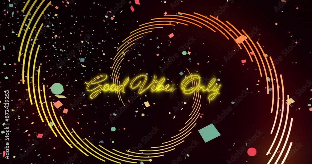 Aufkleber image of good vibes only text over confetti and shapes on black background