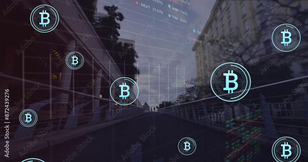 Sticker Image of data processing and bitcoin symbols over people walking on street