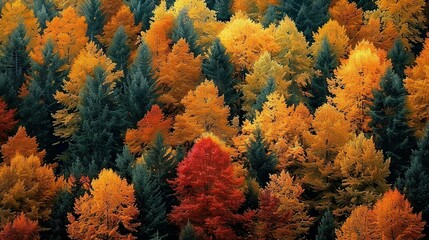 Aerial View of Autumnal Forest with Varied Hues