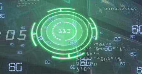 Image of data processing and 6g texts over digital screens