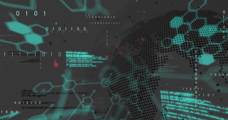 Image of data processing and chemical formula over globe