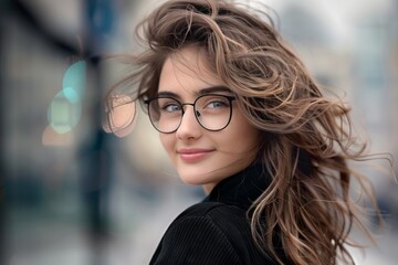 Obraz premium Happy Woman Wearing Glasses Outside - Positive Energy, Stylish Portrait, Outdoor Happiness