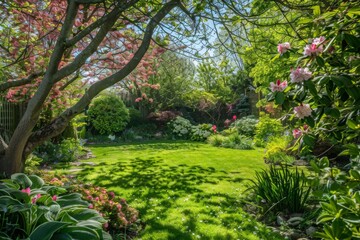 A lush green garden with a pink tree in the background