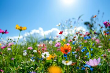 Fototapeta premium A field of flowers with a blue sky in the background