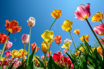 Fototapeta premium A field of flowers with a blue sky in the background