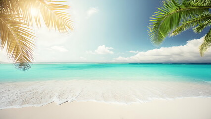 Fototapeta premium Relaxing Beach Scene with Palm Trees and Crystal Clear Ocean