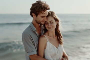 Romantic couple embracing on beach, ocean backdrop, love, serenity, tranquility, intimate moments, outdoors, sea, summer, affection concept